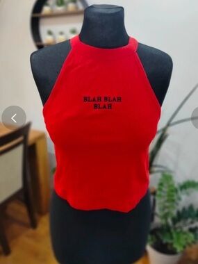Essentials Red Halter 'BLAH BLAH BLAH' Crop Top - Women